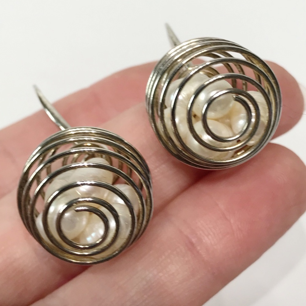 Vintage Sterling Silver 925 Wire Cage 6 Baroque Pearl Egg Basket Drop Earrings - Picture 9 of 16